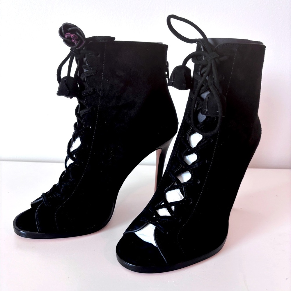 Brand New COACH Black Lena Lux Suede Lace Up Bootie. Size 5